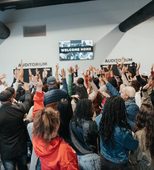 group of men and women with their hands up celebrating